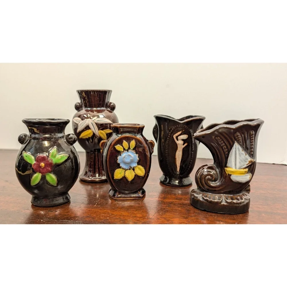 Vintage Miniature Made in Occupied Japan Brown Floral Vases Lot of 5